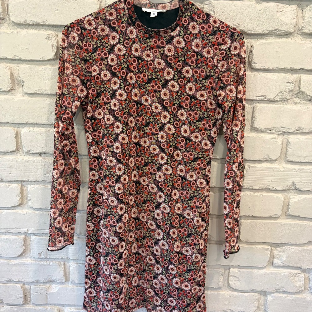 June & Hudson Women's Small Floral Mesh Long Sleeve Bodycon Dress Fall Boho